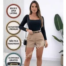 Short Alfaiataria Feminino Cintura Alta cinto Bolso e Zíper Lateral Social
