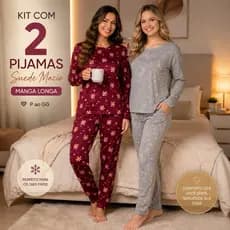 KIT 2 Pijamas Conjunto Feminino Premium INVERNO Manga Longa e Calça Suede Macio Confortável Frio