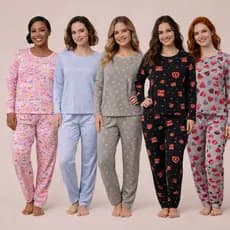 Pijama Feminino Inverno Manga Longa e Calça Suede Macio Confortável Conjunto Frio
