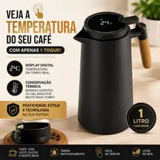 Jarro Térmico 1 Litro com Termômetro Digital Garrafa Térmica Preta Alça de Madeira Café Chá