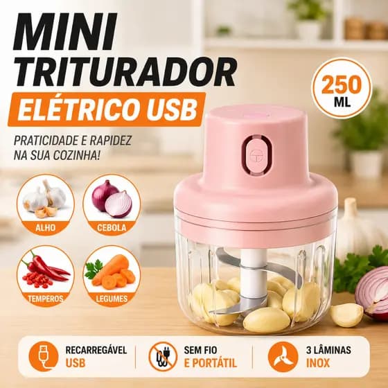 Mini Triturador Elétrico de Alimentos USB Recarregável 250ml Triturador de Alimentos 3 Lâminas Inox