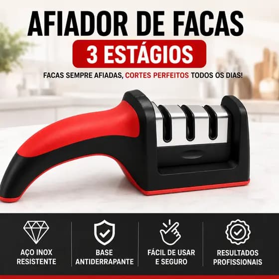 Amolador de Facas 3 Estágios Aço Inox Afiador Profissional Manual Base Antiderrapante