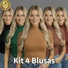 Kit 4 Blusa Canelada Feminina Gola Alta Manga Curta Modinha