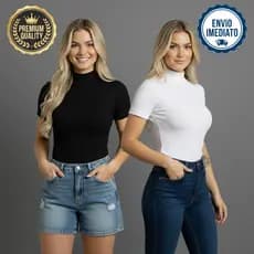 Kit 2 Blusa Canelada Feminina Gola Alta Manga Curta Modinha
