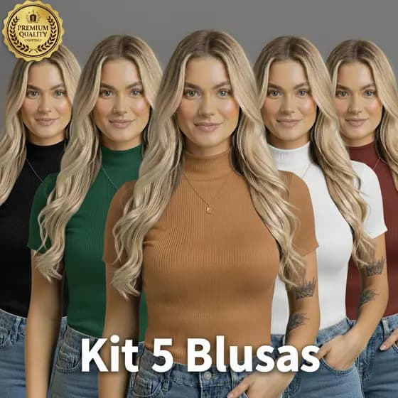 Kit 5 Blusas Canelada Feminina Gola Alta Manga Curta Modinha