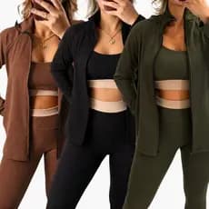 Kit 3 Conjuntos Fitness Feminino Legging Top Casaco Canelado Anarruga Alta Qualidade Inverno 2026