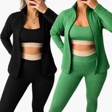 Kit 2 Conjuntos Fitness Feminino Tecido Canelado Premium Top Calça e Casaco Para Academia e Treinos