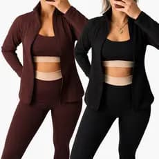 Kit 2 Conjuntos Fitness Feminino Top Calça e Casaco Tecido Canelado Premium Ideal Para Academia e Treino