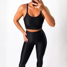 Conjunto Feminino Top e Legging Fitness Microcanelado Cintura Alta Compressão Academia Treino Yoga