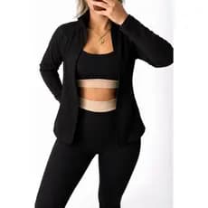 Kit Conjunto Fitness Feminino Top e Calça Tecido Anarruga Canelado + Casaco Manga Longa Anarruga