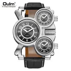 Oulm Relógio Masculino De Quartzo Com 3 Fusos Horários , Exclusivo , Mostrador Grande , Pulseira De Couro , De Pulso Cas