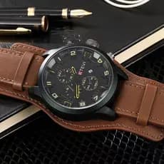K TEVI Relógio Masculino Com Mostrador Grande , Pulseira De Couro Marrom , Cronógrafo Esportivo Data , De Pulso Casual E