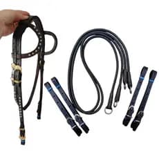 Kit cabeçada orelhinha luxuosa + rédeas + ponteiras couro vaquejada cavalo