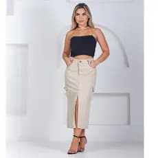 Saia Midi Jeans Feminina Cargo fenda frontal Cintura Alta