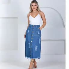 Saia Midi Jeans Feminina Moda Evangélica Marmorizada