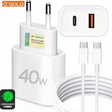 Carregador Turbo 40W Com Cabo USB  Para Tipo C Fonte 2 Entrada USB e USB C Carregamento Rápido