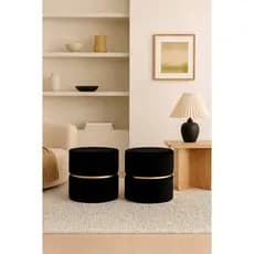 Kit 2 Puff Estofado Decorativo em Suede com Detalhe Dourado para Sala de Estar Quarto Escritório Estúdio e Recepção