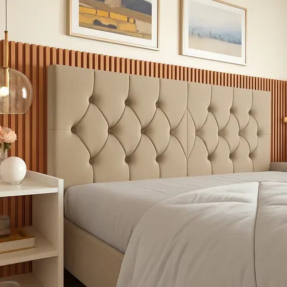 Cabeceira Capitonê Premium Casal 140cm Estofada em Suede Areia