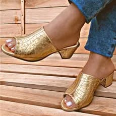 Tamanco Babuche Croco Salto Medio Grosso Estilo Babuche Bico Aberto Feminino Ultra Confortável