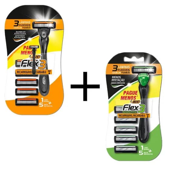 Kit Bic Flex3 Barbeador Recarregável + Flex3 Hybrid Sensitive