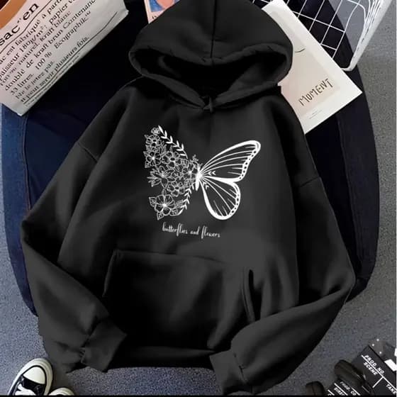 Moletom Blusa de Frio Butterflies and Flowers Bolso Canguru Cordão Capuz 144