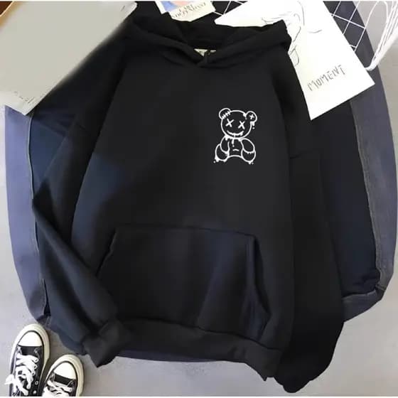 Blusa Moletom Canguru Feminino Unissex Flanelado Algodão Estampado Capuz Inverno Preto Urso