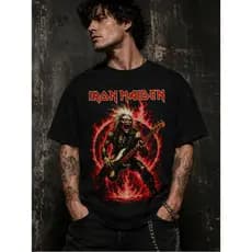 Camiseta Masculina Rock Metal Vintage Iron Preta Estilo metal Anos 90 Streetwear