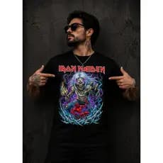 Camiseta Masculina Estilo Rock Heavy Metal Preta Estampa Caveira Colorida Streetwear Premium