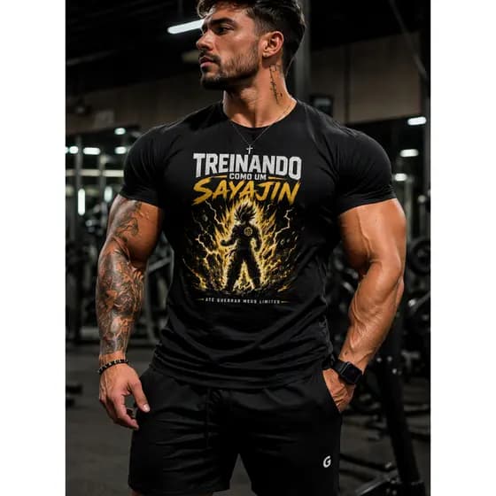 Camiseta Masculina Treino Sayajin Dragon Fitness Academia Estampa Anime Premium Algodão Streetwear