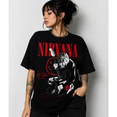 Camiseta Nirvana Rock Grunge Estampa Vermelha Kurt Cobain Camiseta Preta Premium 100% Algodão