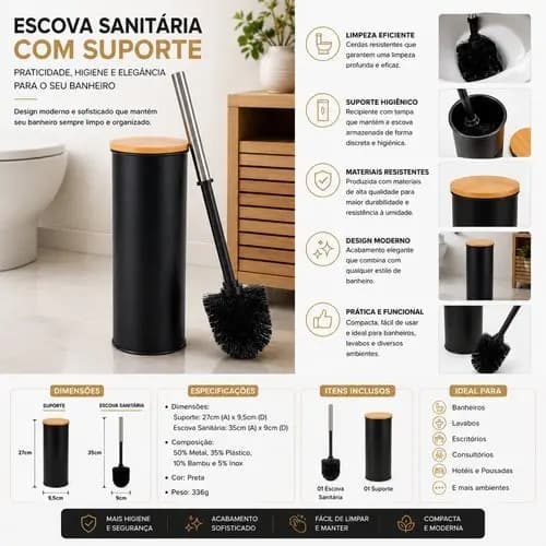 Escova Sanitária Higienizadora Com Suporte Moderna Design Preto