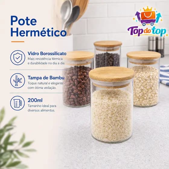 Pote Hermético Vidro Borossilicato Liso com Tampa de Bambu 200ml Grãos Massas Farinhas Café Açúcar