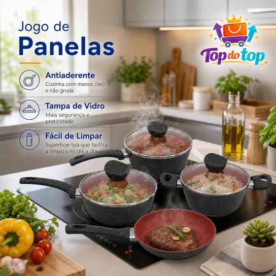 Conjunto de Panelas Antiaderentes 4 peças com Tampa de Vidro - Todos os tipos de Fogão