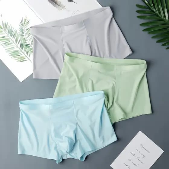 Roupa Interior Masculina De Seda Gelo Respirável Dupla Camada Confortável Cor Sólida Boxer De Cintura Média