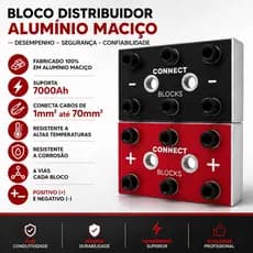 Bloco Distribuidor Som 3x3 6 vias Barramento Fixa Até 70mm em Aluminio