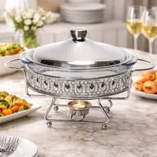 Rechaud Em Vidro Classico Redondo Prateado Tampa Inox Gourmet