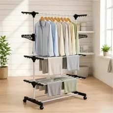 Varal De Chão Multifuncional Com Bandejas Cabideiro Triplo Preto Organizador Roupa Economia Espaço
