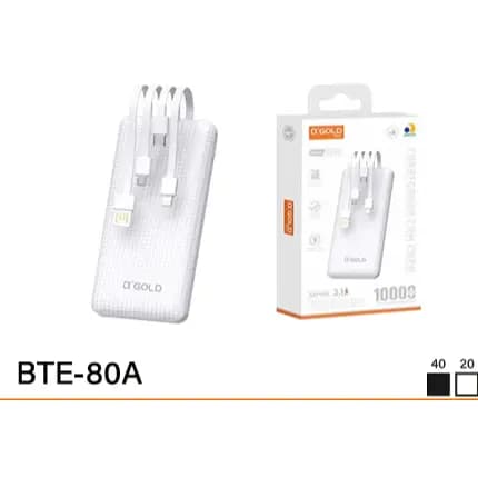 Carregador Portátil Power Bank 10.000mAh com 4 Cabos Embutidos A'GOLD BTE-80A Homologado pela Anatel