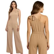 Macacão Feminino Premium Sofisticado De Um Ombro Só Cor Bege possui Lycra