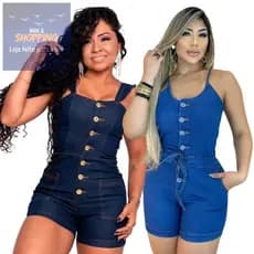 Macaquinho Jeans Feminino Laço Ajustável e com Botões Lavagens