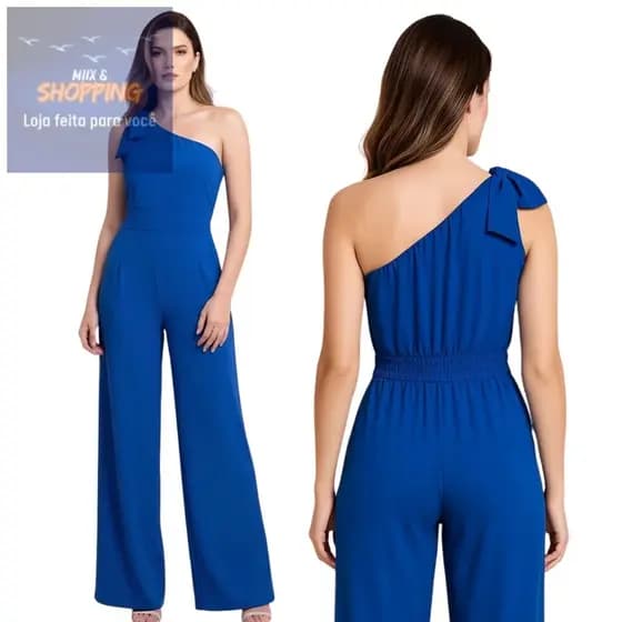 Macacão Feminino Premium Sofisticado De Um Ombro Só Cor Azul possui Lycra