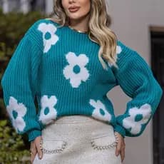 Blusa de Flor com Pelinho Tricô Lã Fang Manga Bufante Feminina Oversize Inverno Frio Laffy Tricot