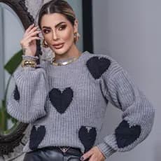 Blusa Coração Pelinho Feminina Tricô Lã Fang Manga Longa Bufante Oversize Inverno Frio Laffy Tricot