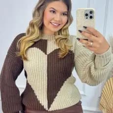 Blusa Frio Feminina Suéter Tricô Lã Premium Quentinha Coração Bicolor Moda Inverno Estilosa Casual