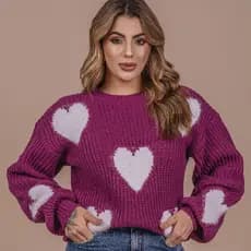 Blusinha Roxa Fúcsia de Coração com Pelinho Tricô Lã Fang Manga Longa Bufante Oversize Inverno Frio