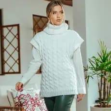 Max Colete Branco Feminino Tricô Trança Gola Alta VestLeg Pullover Lãzinha Frio Outono Inverno