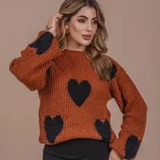 Blusa Ferrugem de Coração Pelinho Feminina Tricô Lã Fang Manga Longa Bufante Oversize Inverno Frio
