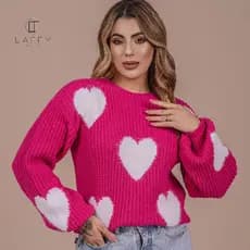 Blusa Pink Rosa Coração com Pelinho Feminina Tricô Lã Fang Manga Longa Bufante Oversize Inverno Frio