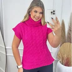 Max Colete Pink Neon Feminino Tricô Trança Gola Alta VestLeg Pullover Lãzinha Frio Outono Inverno
