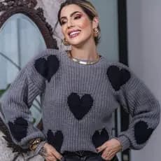 Blusa Cinza de Coração com Pelinho Feminina Tricô Lã Fang Manga Longa Bufante Oversize Inverno Frio